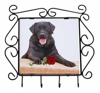 Black Labrador with Red Rose Wrought Iron Key Holder Hooks