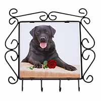 Black Labrador with Red Rose Wrought Iron Key Holder Hooks