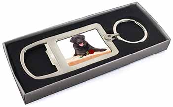 Black Labrador with Red Rose Chrome Metal Bottle Opener Keyring in Box