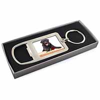 Black Labrador with Red Rose Chrome Metal Bottle Opener Keyring in Box