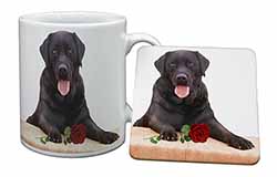 Black Labrador with Red Rose Mug and Coaster Set