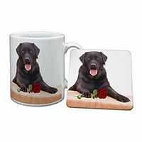 Black Labrador with Red Rose Mug and Coaster Set