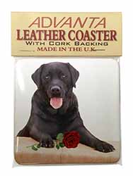 Black Labrador with Red Rose Single Leather Photo Coaster