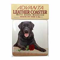 Black Labrador with Red Rose Single Leather Photo Coaster