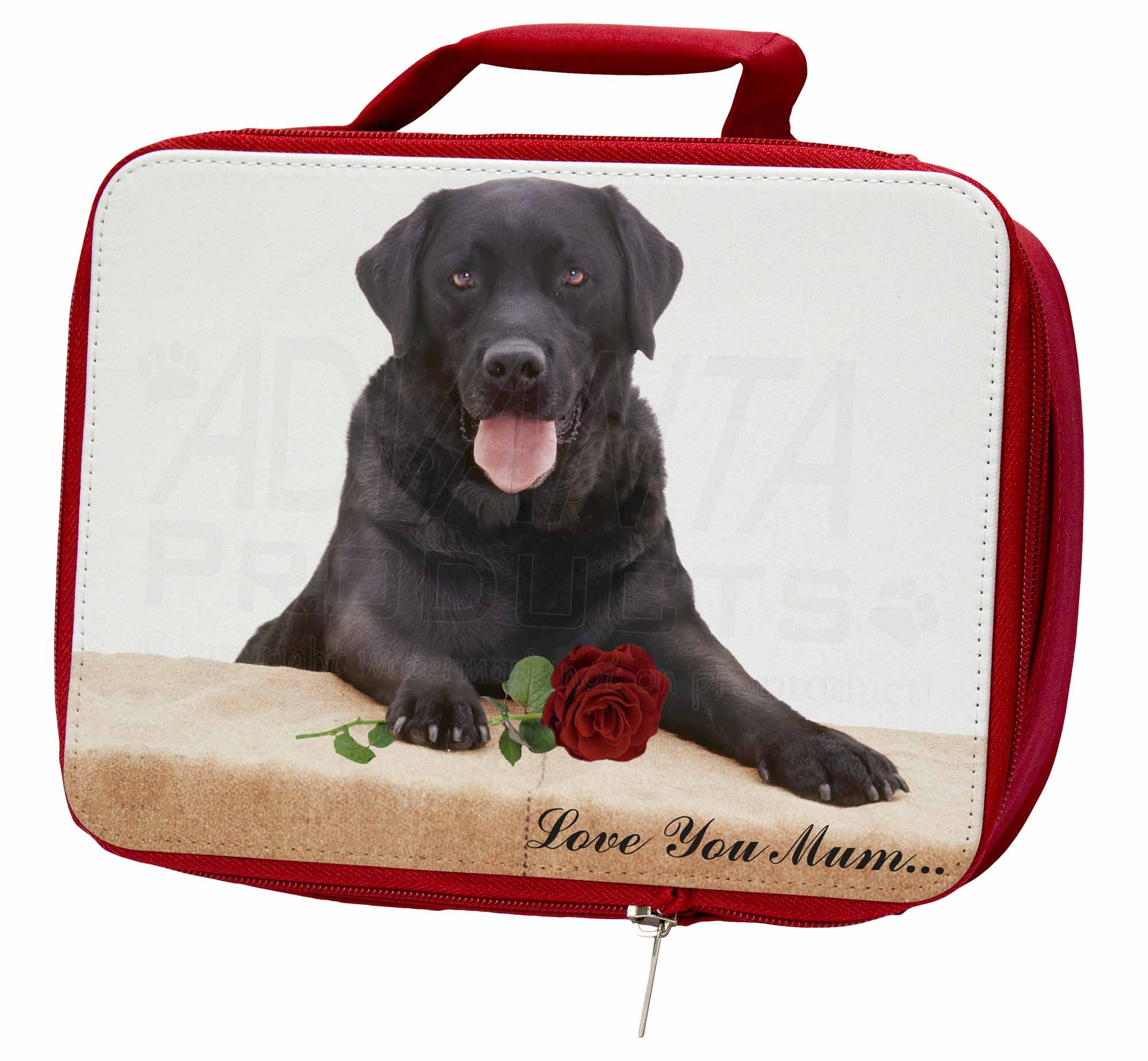 Black Lab with Rose 'Love You Mum' Insulated Red School Lunch Box, ADL86RlymLBR Black Lab with Rose 'Love You Mum' Insulated Red School Lunch Box, ADL86RlymLBR
