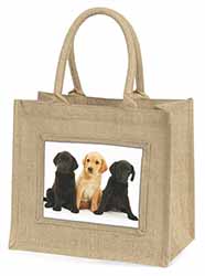 Labrador Puppies Natural/Beige Jute Large Shopping Bag