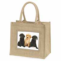 Labrador Puppies Natural/Beige Jute Large Shopping Bag