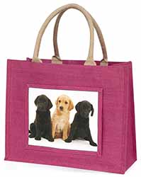 Labrador Puppies Large Pink Jute Shopping Bag