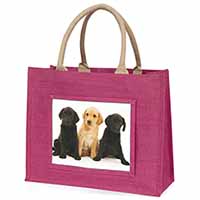 Labrador Puppies Large Pink Jute Shopping Bag
