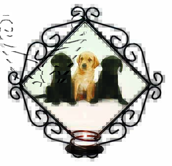 Labrador Puppies Wrought Iron Wall Art Candle Holder