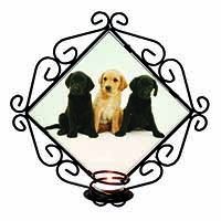 Labrador Puppies Wrought Iron Wall Art Candle Holder