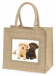 Labrador Puppy Dogs Natural/Beige Jute Large Shopping Bag