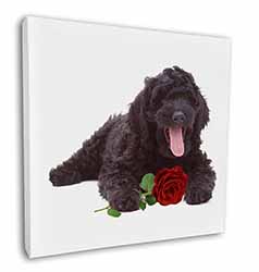 Labradoodle Dog with Red Rose Square Canvas 12"x12" Wall Art Picture Print