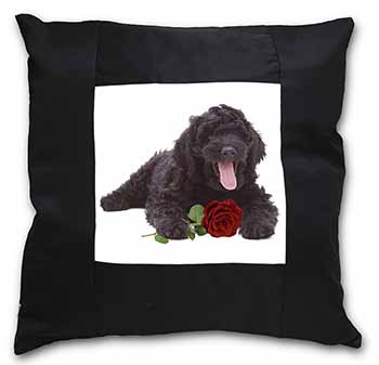 Labradoodle Dog with Red Rose Black Satin Feel Scatter Cushion