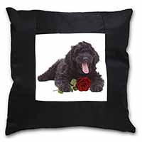 Labradoodle Dog with Red Rose Black Satin Feel Scatter Cushion