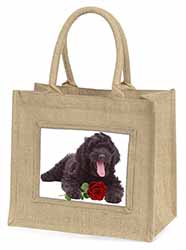 Labradoodle Dog with Red Rose Natural/Beige Jute Large Shopping Bag