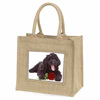 Labradoodle Dog with Red Rose Natural/Beige Jute Large Shopping Bag