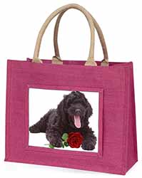 Labradoodle Dog with Red Rose Large Pink Jute Shopping Bag