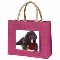 Labradoodle Dog with Red Rose Large Pink Jute Shopping Bag