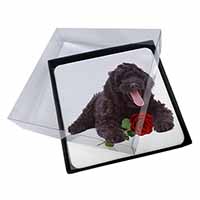 4x Labradoodle Dog with Red Rose Picture Table Coasters Set in Gift Box