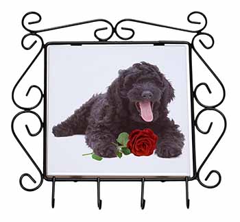 Labradoodle Dog with Red Rose Wrought Iron Key Holder Hooks
