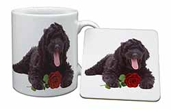 Labradoodle Dog with Red Rose Mug and Coaster Set