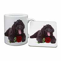 Labradoodle Dog with Red Rose Mug and Coaster Set