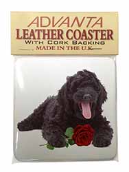 Labradoodle Dog with Red Rose Single Leather Photo Coaster