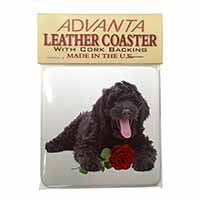 Labradoodle Dog with Red Rose Single Leather Photo Coaster