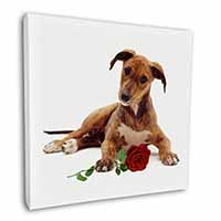 Lurcher Dog with Red Rose Square Canvas 12"x12" Wall Art Picture Print