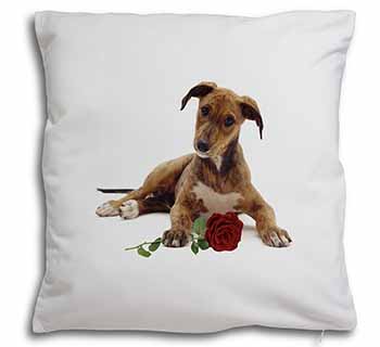 Lurcher Dog with Red Rose Soft White Velvet Feel Scatter Cushion