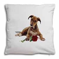 Lurcher Dog with Red Rose Soft White Velvet Feel Scatter Cushion