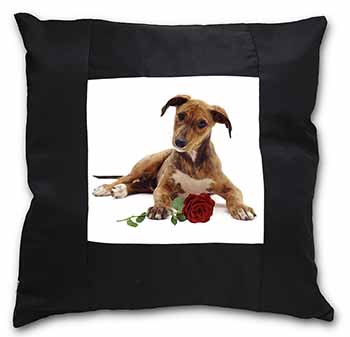 Lurcher Dog with Red Rose Black Satin Feel Scatter Cushion