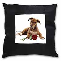 Lurcher Dog with Red Rose Black Satin Feel Scatter Cushion