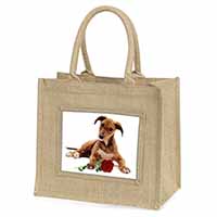 Lurcher Dog with Red Rose Natural/Beige Jute Large Shopping Bag