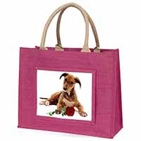 Lurcher Dog with Red Rose Large Pink Jute Shopping Bag