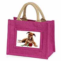 Lurcher Dog with Red Rose Little Girls Small Pink Jute Shopping Bag