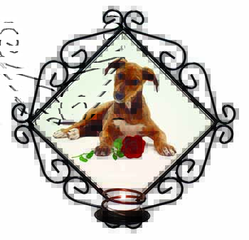 Lurcher Dog with Red Rose Wrought Iron Wall Art Candle Holder