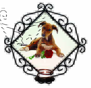 Lurcher Dog with Red Rose Wrought Iron Wall Art Candle Holder