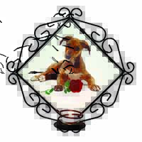 Lurcher Dog with Red Rose Wrought Iron Wall Art Candle Holder