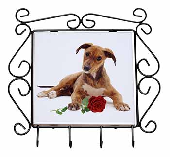 Lurcher Dog with Red Rose Wrought Iron Key Holder Hooks