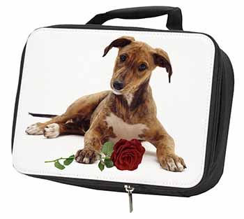 Lurcher Dog with Red Rose Black Insulated School Lunch Box/Picnic Bag
