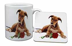 Lurcher Dog with Red Rose Mug and Coaster Set