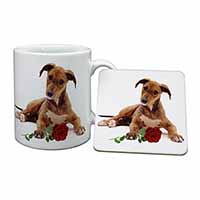 Lurcher Dog with Red Rose Mug and Coaster Set