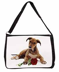 Lurcher Dog with Red Rose Large Black Laptop Shoulder Bag School/College
