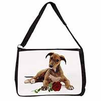 Lurcher Dog with Red Rose Large Black Laptop Shoulder Bag School/College