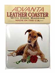 Lurcher Dog with Red Rose Single Leather Photo Coaster