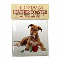 Lurcher Dog with Red Rose Single Leather Photo Coaster