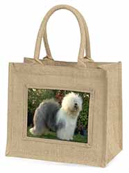 Old English Sheepdog Natural/Beige Jute Large Shopping Bag