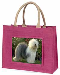 Old English Sheepdog Large Pink Jute Shopping Bag